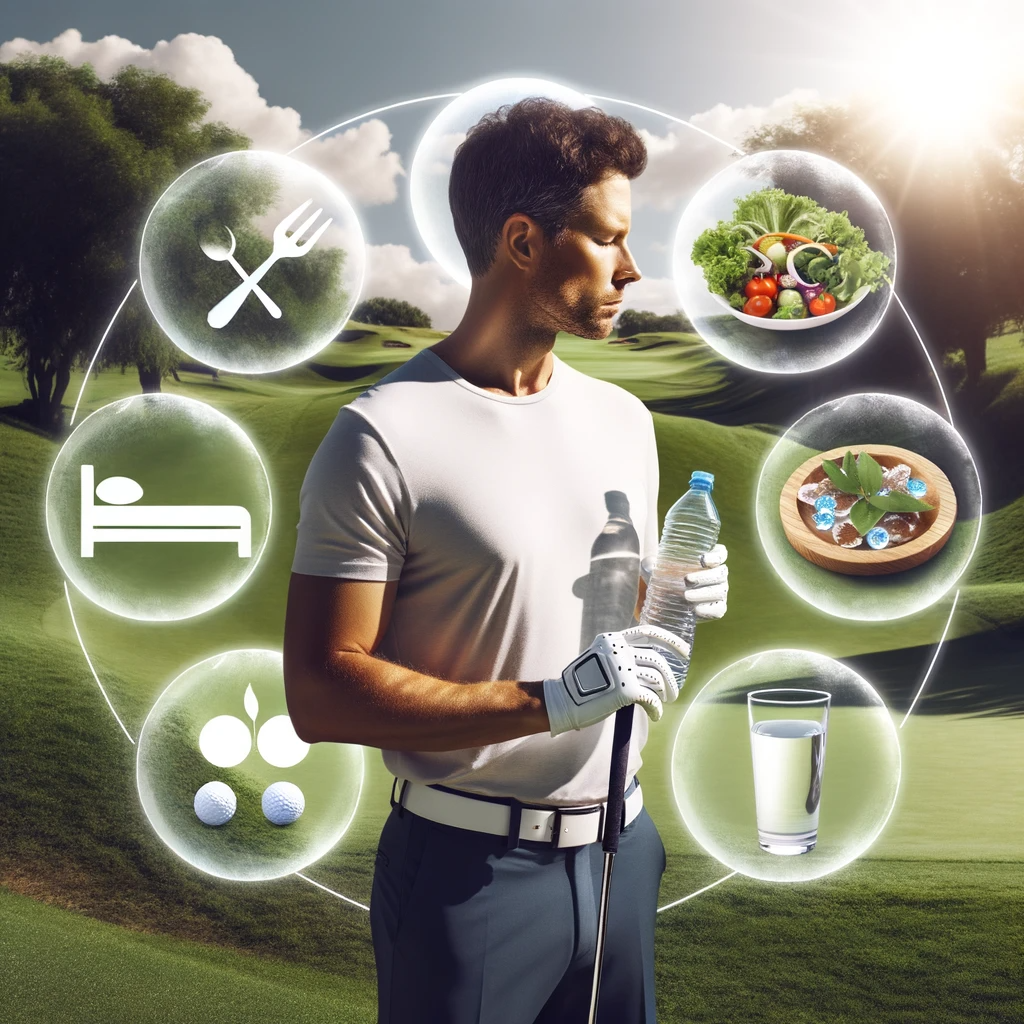 dall·e 2023-11-01 11.09.32 - photo of a male golfer in the middle of a golf course, taking a moment to reflect. he's holding a water bottle, emphasizing hydration. around him are .png