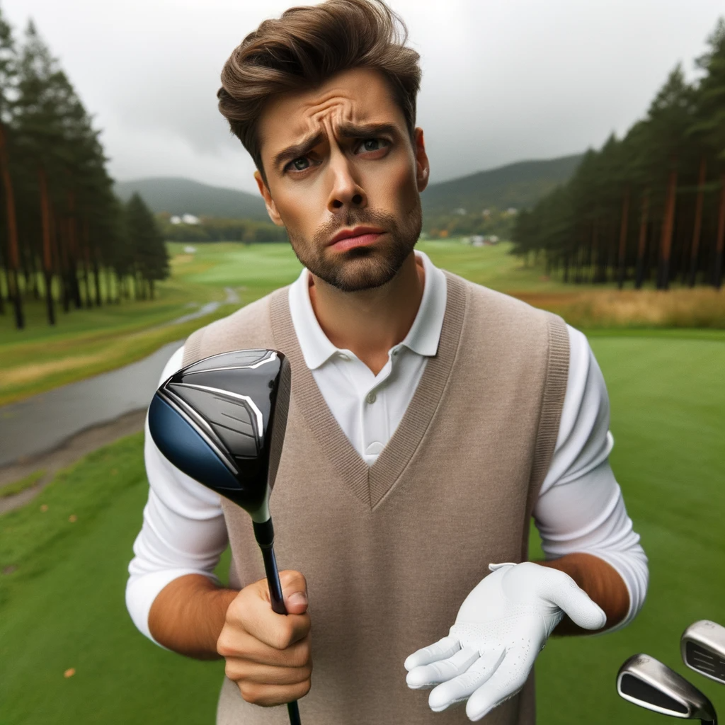 dall·e 2023-10-23 09.37.00 - photo of a male golfer of caucasian descent on a golf course, holding his driver and looking perplexed, as if wondering why his shot didn't go as far .png