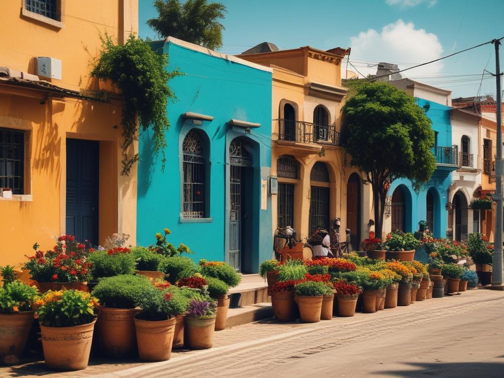 a scenic view of a vibrant Lagos street, showcasing traditional architecture, local vendors, and lush greenery, with a clear blue sky in the background, high-resolution, natural tones, earthy textures