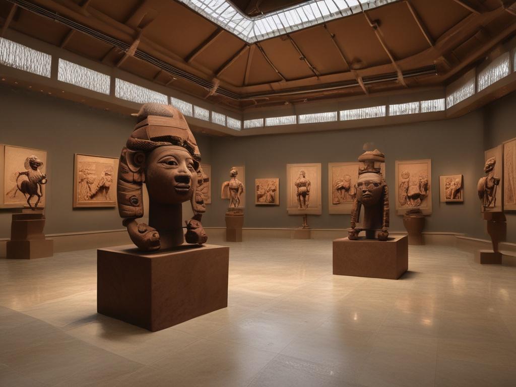 National Museum Lagos, Benin Bronzes, Nok Terracottas, historic exhibits, Onikan, Lagos Island, realistic high-resolution photo of museum interior with artifacts displayed, natural tones, earthy textures.