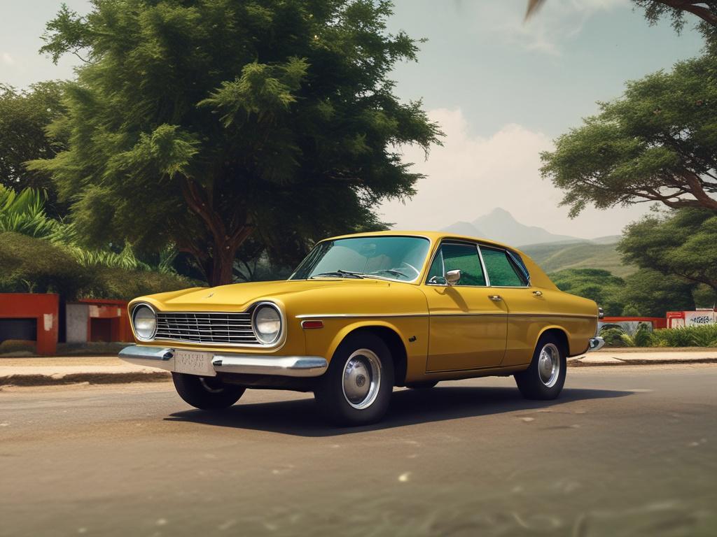 A modern car parked at a scenic tourist attraction in Lagos, with lush greenery and vibrant local scenery in the background. The focus is on the car, showcasing its sleek design and inviting atmosphere. The composition should capture the essence of travel and exploration, with natural tones and earthy textures.