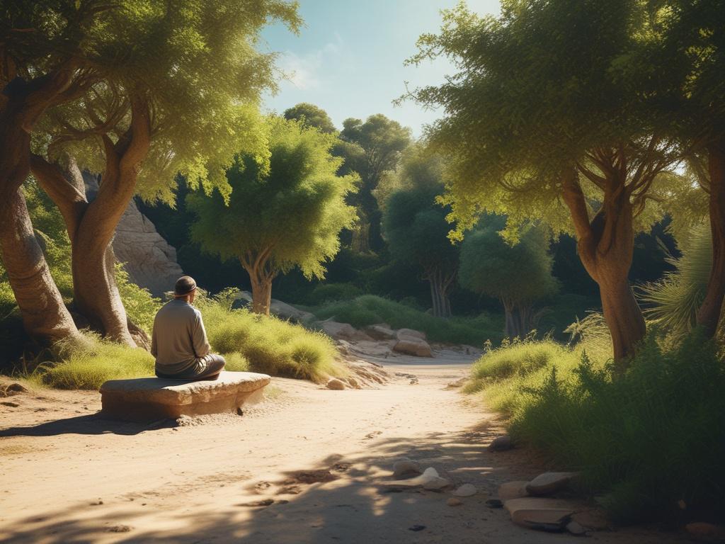 A serene landscape of Redemption City with lush greenery, a clear blue sky, and a single person in prayer, surrounded by nature's tranquility, high-resolution, realistic, earthy tones.