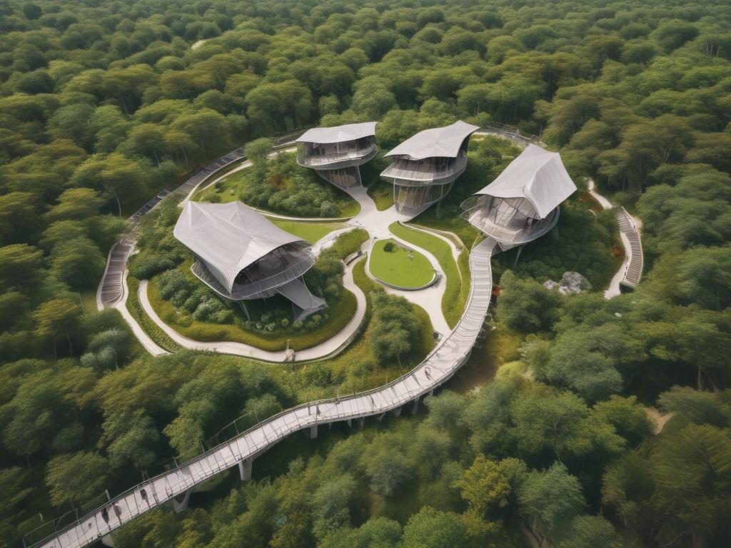 Aerial view of Lekki Conservation Centre showcasing Africa's longest canopy walkway surrounded by vibrant green trees and wildlife. Include a clear blue sky and natural earthy tones in the landscape.