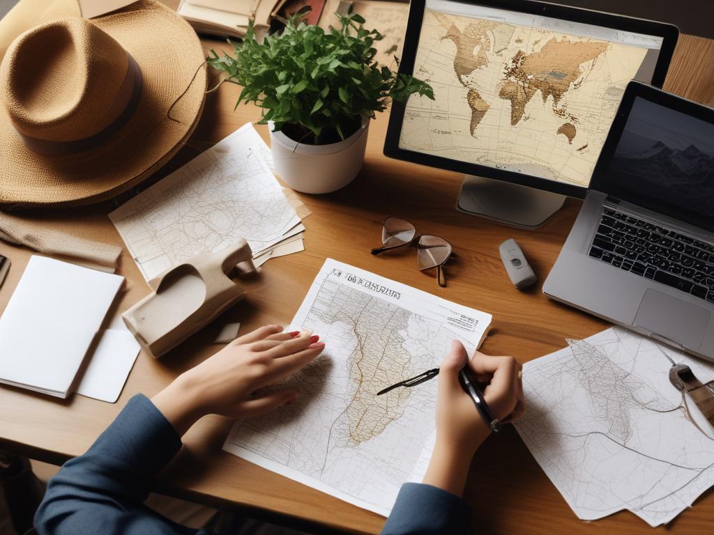A professional travel consultant assisting a client with visa application documents. The consultant is seated at a desk with a laptop and visa forms, surrounded by travel guides and maps. The background features warm, earthy tones to evoke a welcoming atmosphere.