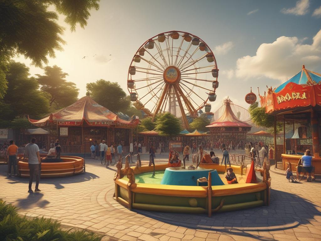 A vibrant and lively scene at Apapa Amusement Park featuring children enjoying rides and games in a sunny outdoor setting. The park is filled with colorful attractions and lush greenery, creating a joyful atmosphere. The composition focuses on a thrilling ride in the foreground with families and kids playing in the background, embodying the essence of family recreation.