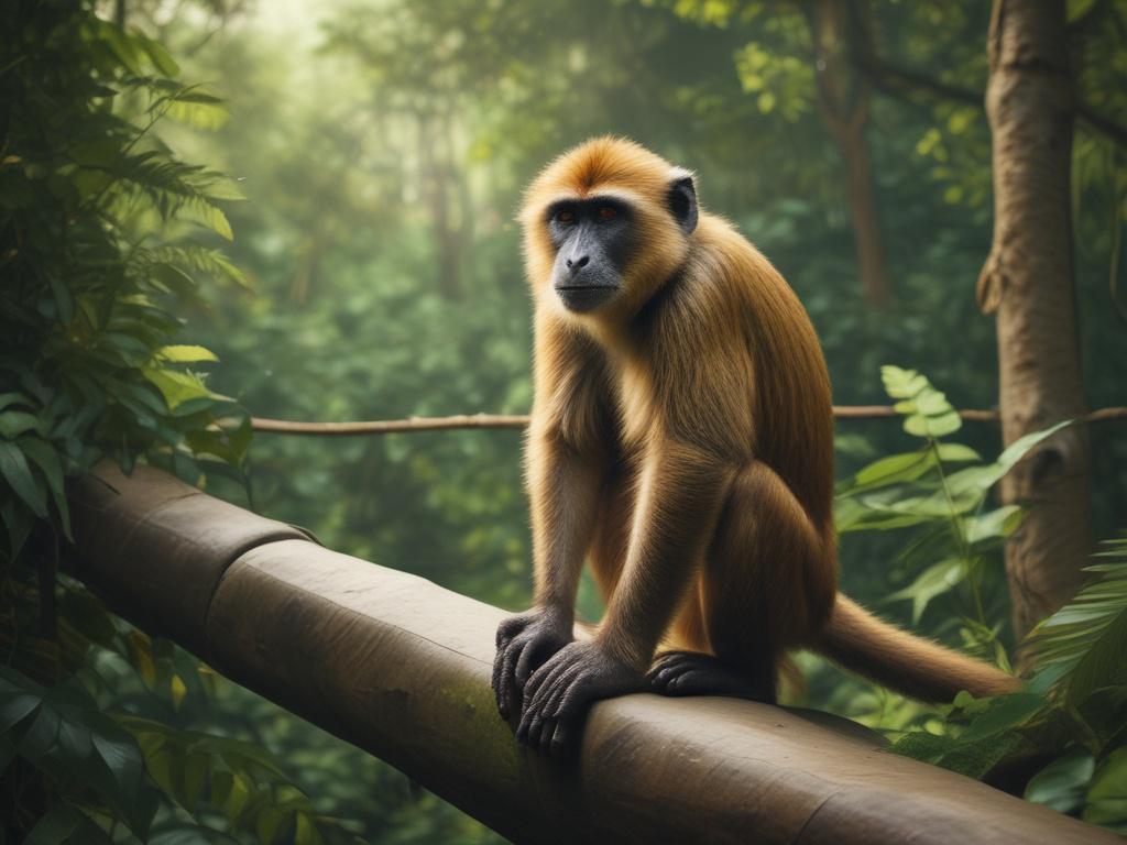 realistic high-resolution image depicting wildlife at Lekki Conservation Centre, featuring a monkey in a natural setting with lush vegetation and the canopy walkway in the background, earthy colors.