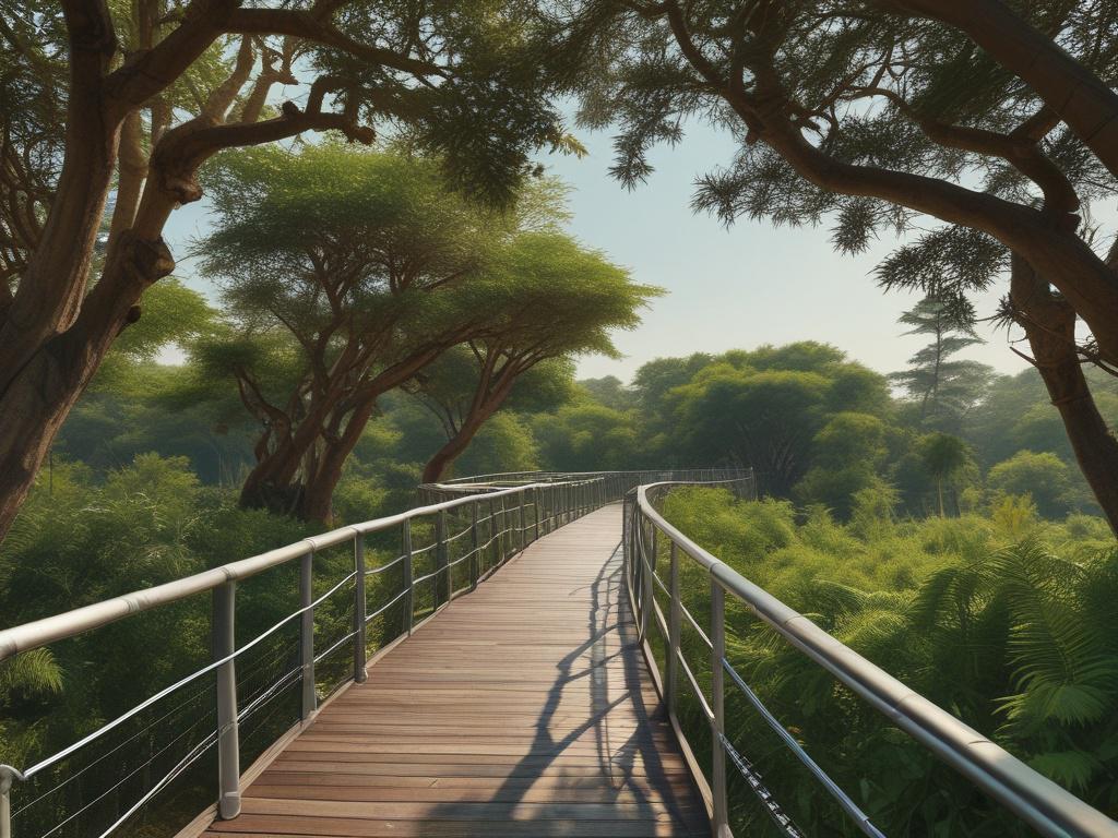 high-resolution image of Lekki Conservation Centre showcasing the canopy walkway amidst lush greenery, with vibrant wildlife in the background, natural earthy tones, clear blue sky.
