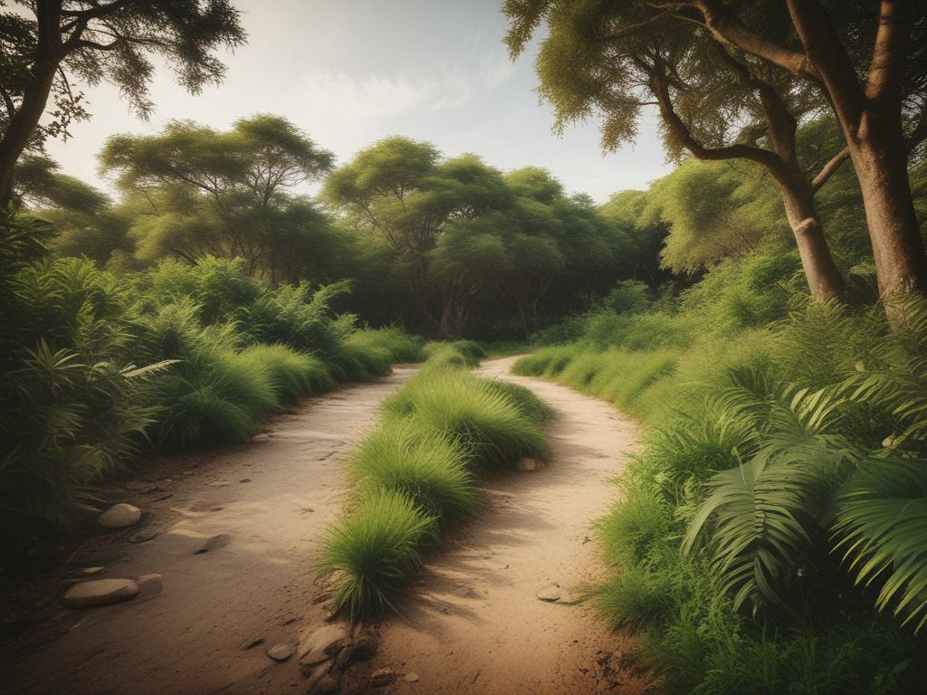 high-resolution image of a nature trail at Lekki Conservation Centre, showcasing a winding path surrounded by lush greenery, with a serene atmosphere, earthy textures, and natural light.