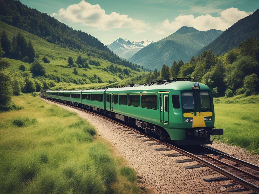 A high-resolution image of a scenic European train journey, showcasing a sleek modern train traveling through picturesque landscapes. The foreground features the train in motion, surrounded by lush green hills and distant mountains under a clear blue sky. The composition highlights the connection between the train and the natural beauty of Europe, with earthy textures and natural tones that evoke a sense of adventure.