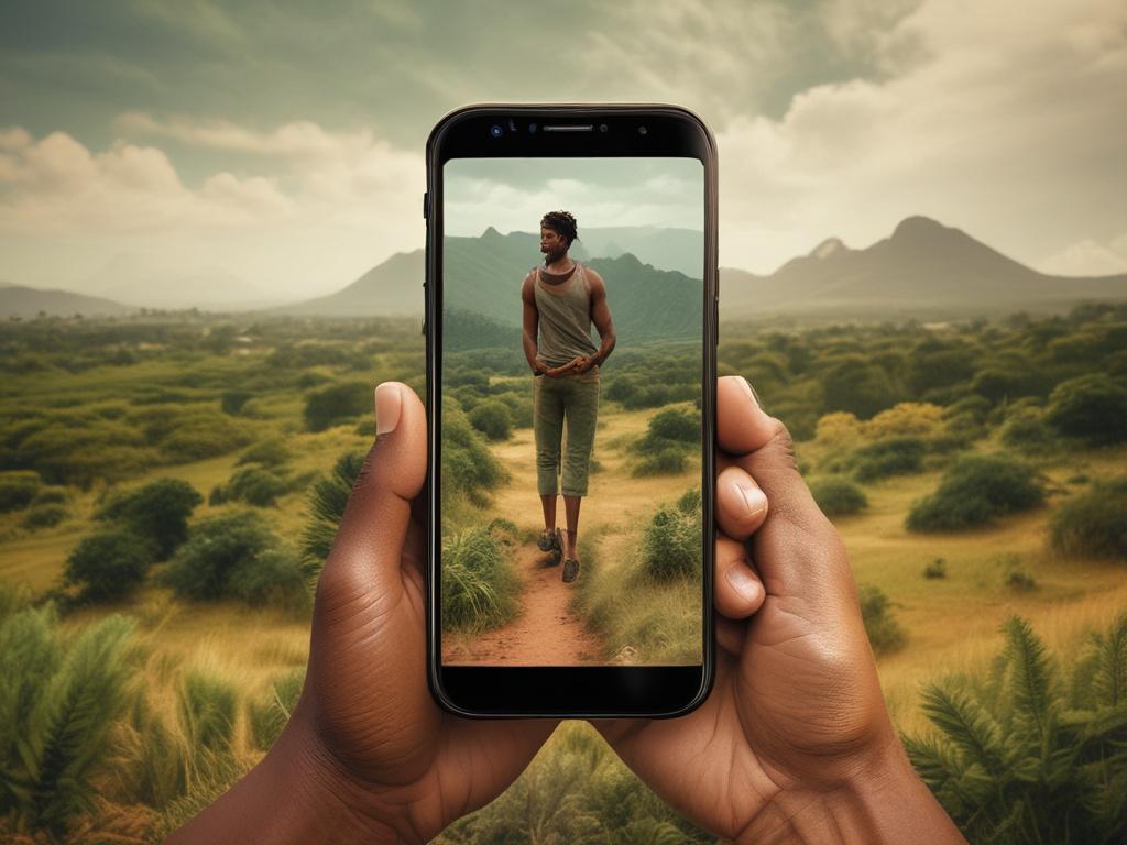 A confident individual holding a smartphone with a travel website open, set against a backdrop of iconic Nigerian landscapes, showcasing lush greenery and cultural landmarks, in natural tones and earthy textures.