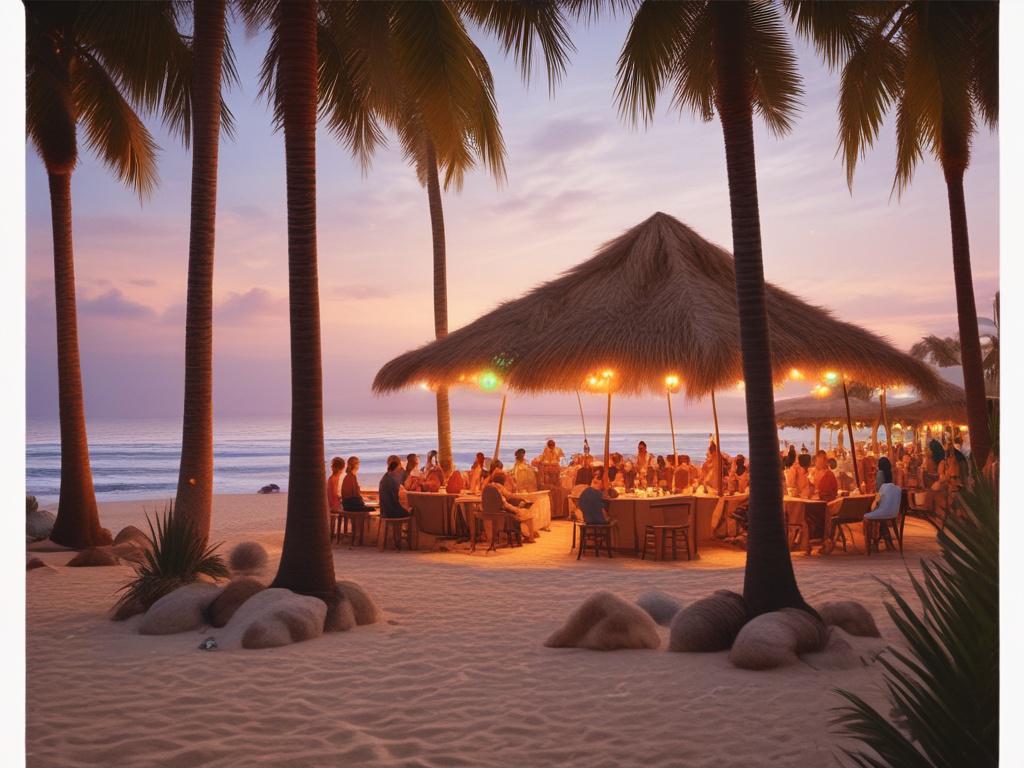a vibrant beach scene at dusk, featuring a lively beach party with people dancing, colorful lights, and a beautiful sunset in the background, sandy shores, palm trees, and cozy lounge areas, with natural tones and earthy textures.