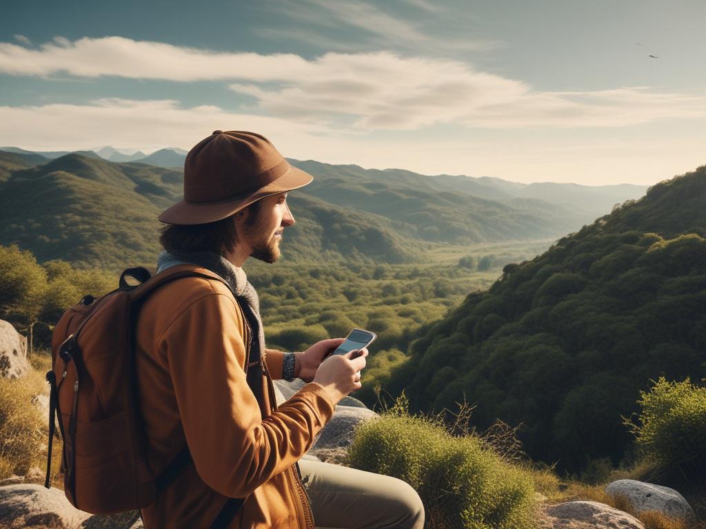 A high-resolution image of a traveler using a smartphone in a picturesque outdoor location, surrounded by nature, with vibrant greenery and a clear blue sky in the background, capturing a moment of connection and exploration.