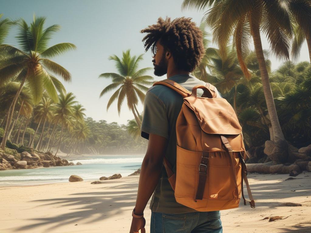A traveler with a backpack standing on a beautiful Lagos beach, looking out at the ocean with a serene expression. The scene captures the lush greenery of palm trees and clear blue skies in the background, emphasizing a sense of adventure and peace. The composition is simple and clear, focusing on the traveler as the main subject.