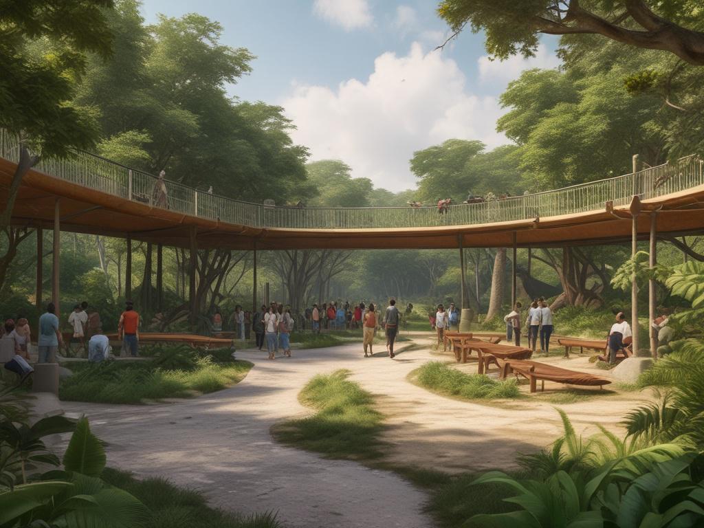 A vibrant view of Lekki Conservation Centre with lush trees, wildlife, and people enjoying the canopy walk.