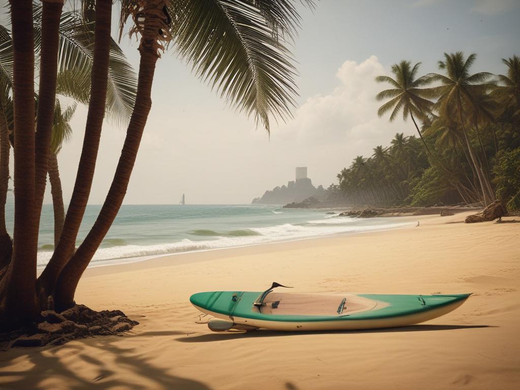 A serene view of Tarkwa Bay Beach in Lagos, with soft waves lapping the sandy shore. In the foreground, a single surfboard rests on the warm, golden sand. The background features lush green palm trees swaying gently in the breeze, under a bright blue sky with fluffy white clouds. The scene captures the essence of relaxation and adventure, showcasing the beauty of the beach.