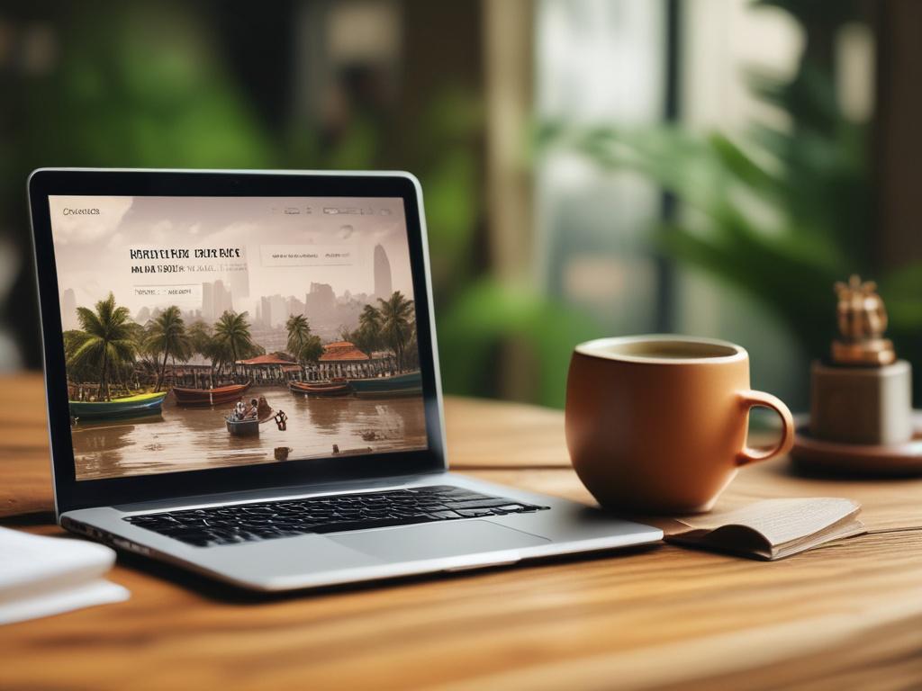 A realistic high-resolution photo of a modern travel booking website interface displayed on a laptop, set on a rustic wooden desk, with warm natural lighting. The interface shows vibrant images of tourist attractions in Lagos, Nigeria, with earthy textures in the background to create a grounded, inviting atmosphere.
