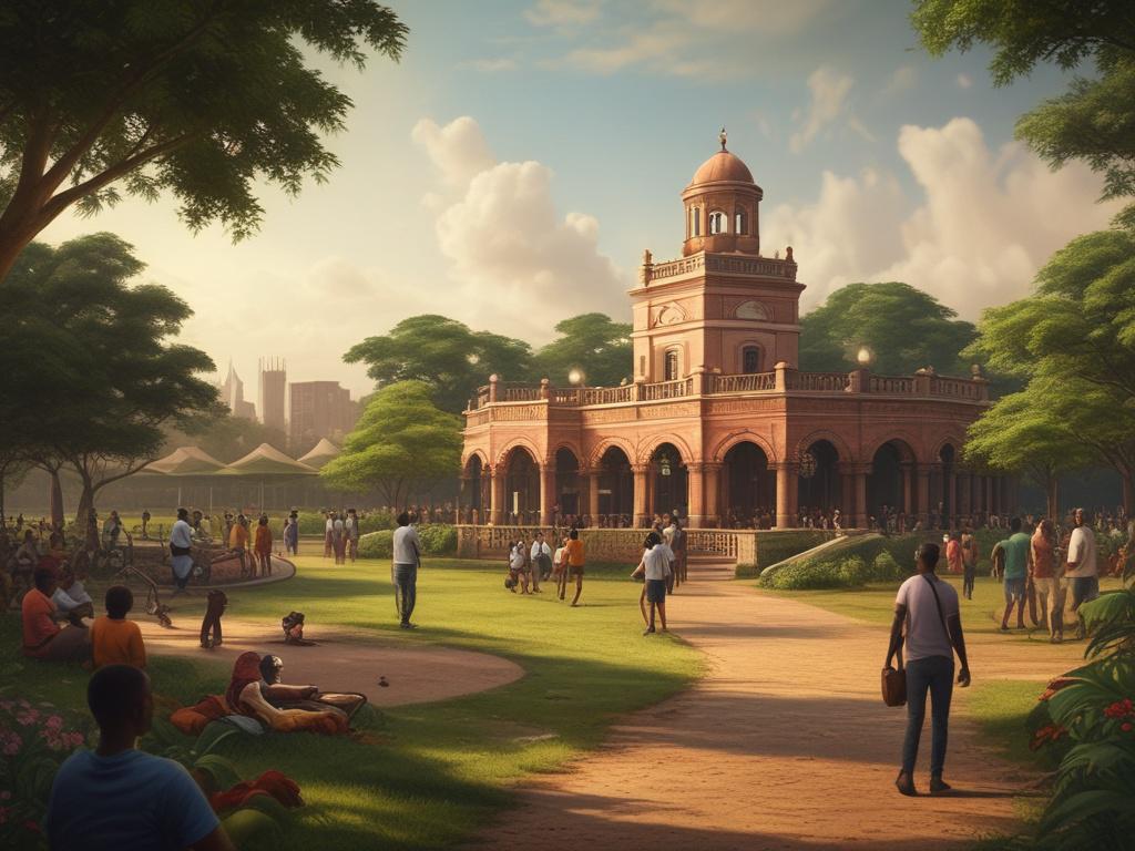 a beautiful view of Freedom Park in Lagos, showcasing colonial architecture, lush green spaces, and people enjoying various events. The composition should highlight the vibrant atmosphere with natural light emphasizing earthy textures and warm colors.