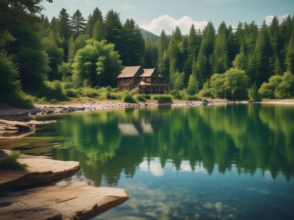 a scenic travel destination with a beautiful landscape, showcasing a serene lake surrounded by lush greenery, under a bright blue sky. The composition should be simple, highlighting the natural beauty and tranquility of the location.