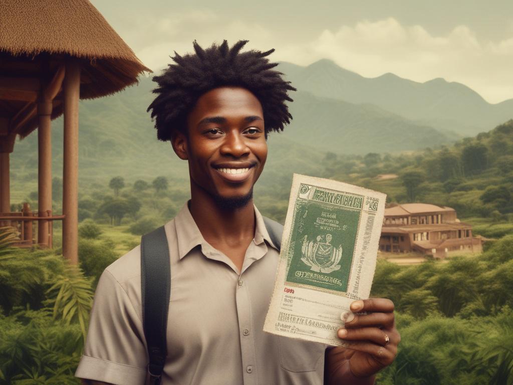 A clear and inviting image of a traveler holding a Nigerian visa, standing in front of a beautiful Nigerian landscape. The background features lush greenery and traditional architecture, embodying the rich culture of Nigeria. The image has natural tones and earthy textures, with a rustic aesthetic, focusing on the traveler and the visa as the main subjects.