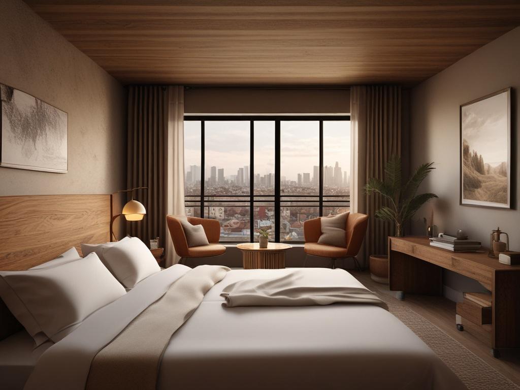 A cozy hotel room with earthy textures and natural tones, featuring a comfortable bed, wooden furniture, and a window showing a view of Lagos. The room should have a rustic aesthetic, with warm lighting creating a welcoming atmosphere.