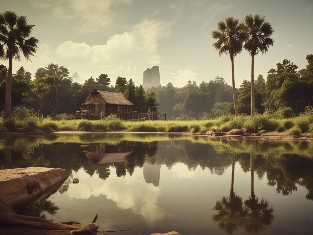 A serene landscape of Redemption City, showcasing lush greenery and natural textures, with a clear sky. The foreground features a peaceful pilgrim deep in reflection, surrounded by nature. The rustic aesthetic emphasizes tranquility and spiritual connection.
