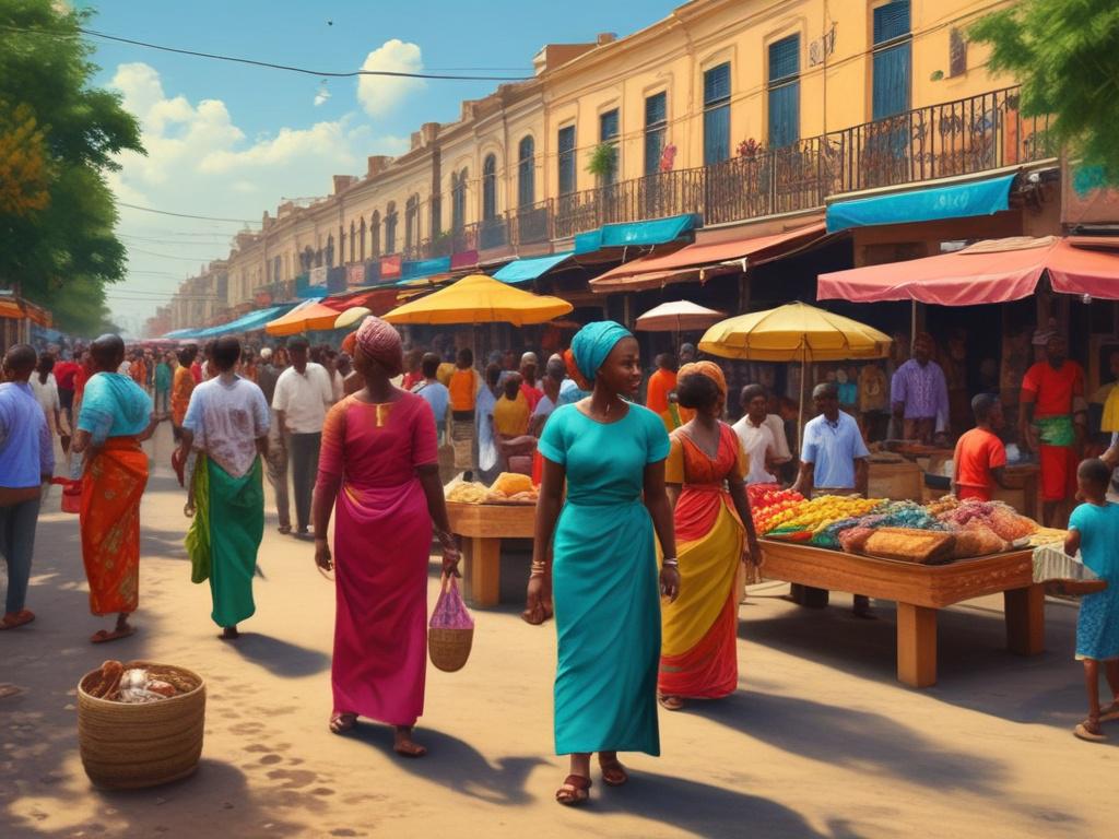 A vibrant street scene in Lagos, featuring colorful market stalls