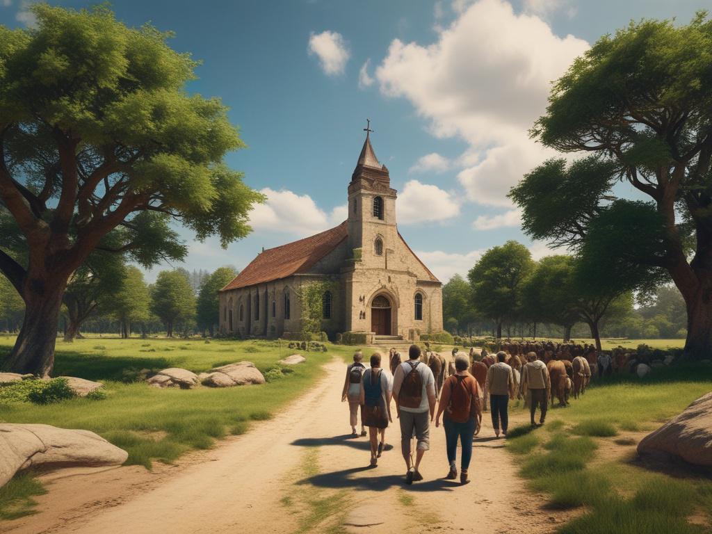 A serene landscape of Redemption City, with lush greenery and