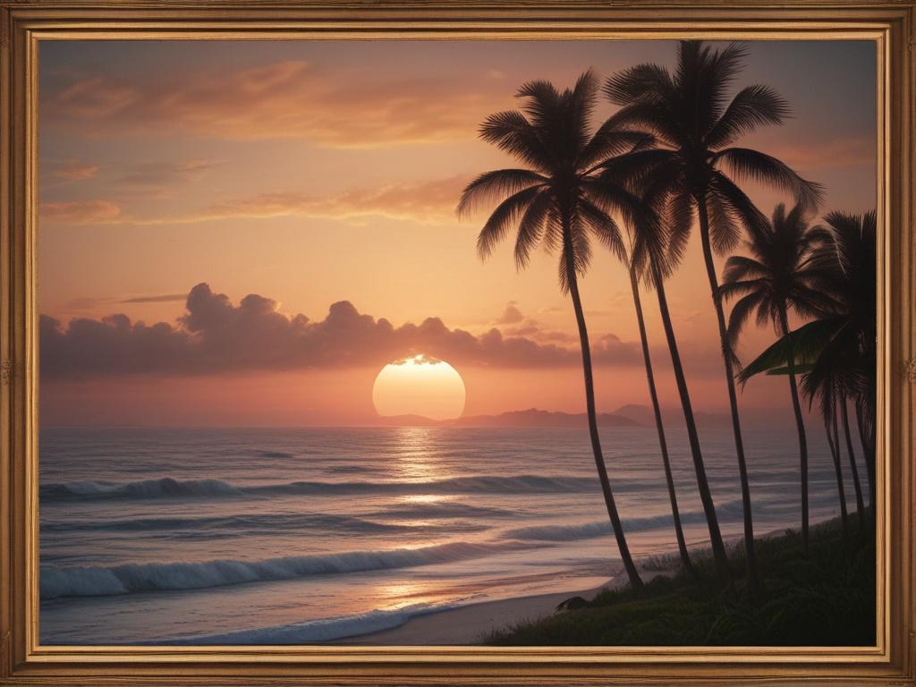 A high-resolution photo of a serene travel scene featuring a beautiful sunset over Lagos' coastline with a calm sea and palm trees in the foreground. The composition should evoke a sense of peace and adventure, showcasing the natural beauty of the area in earthy tones and realistic details.