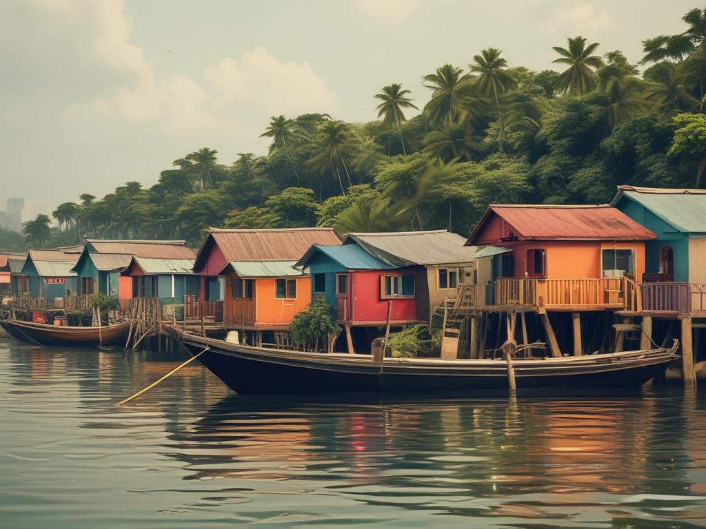 A serene boat tour scene in the Makoko Floating Community, showcasing colorful floating homes and local residents, with lush greenery in the background. The composition focuses on a single boat navigating through the calm waters, surrounded by the unique architecture of the community. Natural tones and earthy textures dominate the image, reflecting the rustic aesthetic of the area.