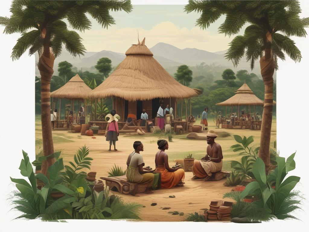 A serene landscape showcasing a vibrant community engaged in eco-friendly tourism activities. In the foreground, a group of diverse travelers interacts with local artisans, displaying traditional crafts. The background features lush greenery and traditional Nigerian architecture, conveying a sense of harmony between nature and culture. Natural tones dominate the scene, with earthy textures highlighting the beauty of the environment. The composition is clear and focused, capturing the essence of sustainable 
