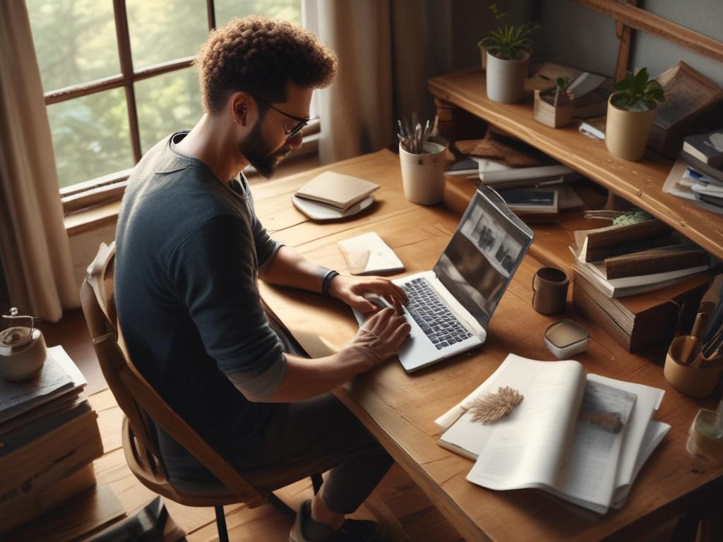 A focused individual engaged in an online learning session, sitting at a rustic wooden desk with a laptop open, surrounded by earthy textures and natural tones, in a cozy, well-lit room that evokes a sense of warmth and comfort.