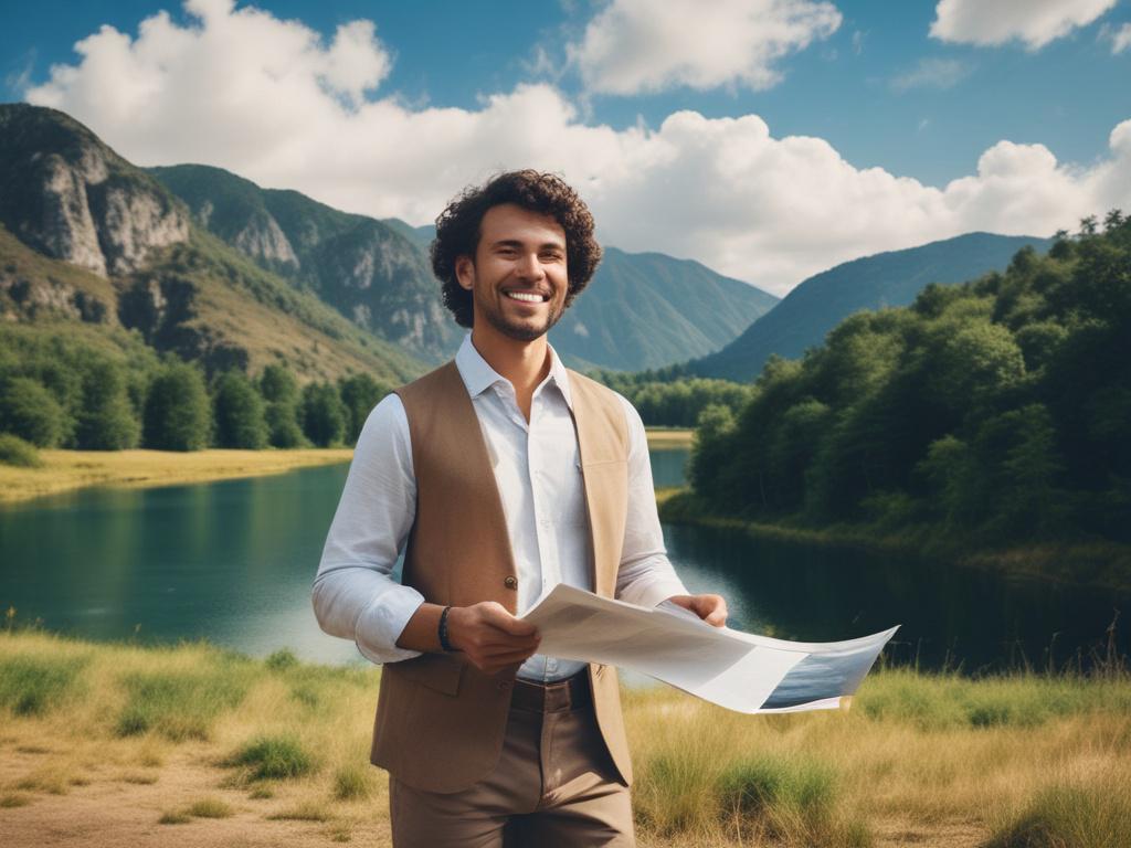 A confident entrepreneur standing in front of a beautiful landscape, holding a travel brochure, with a bright blue sky and lush greenery in the background. The scene conveys a sense of adventure and possibility, showcasing the beauty of travel and the excitement of starting a new business.