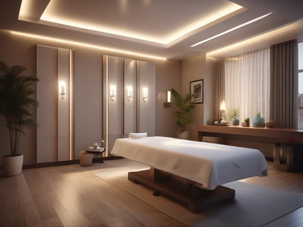 A serene and inviting massage room featuring soft lighting and