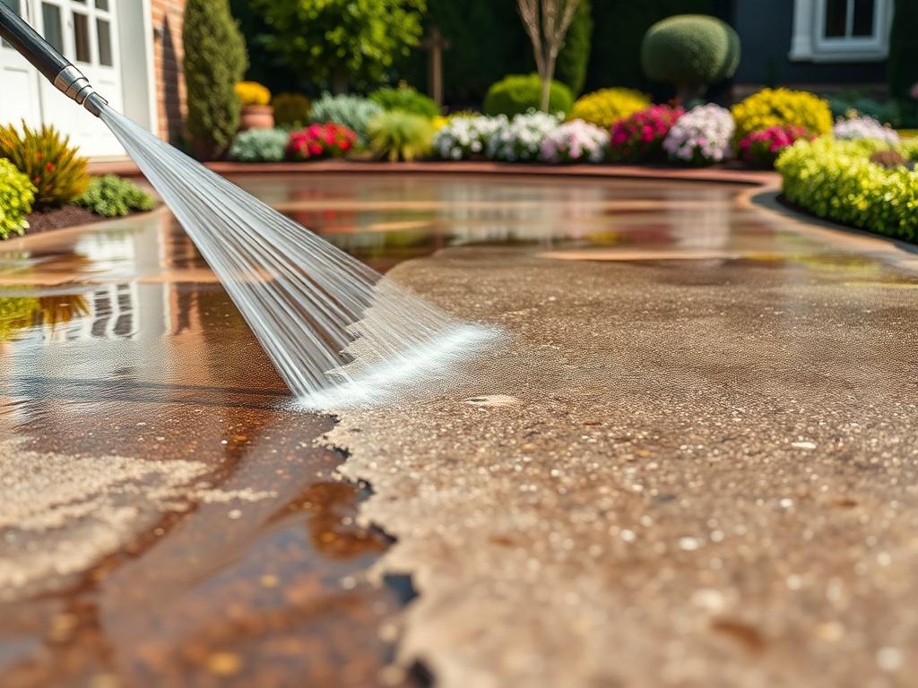 A vibrant close up of a driveway being cleaned with