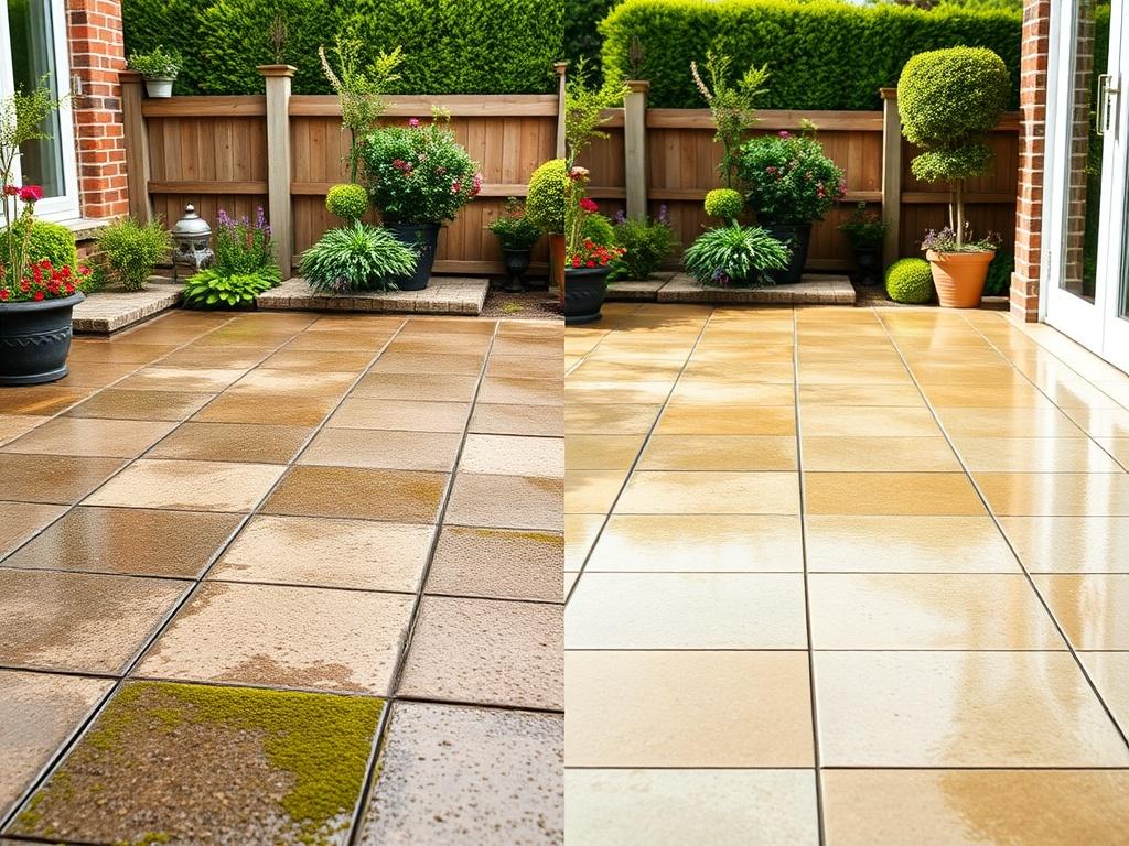 A realistic high-resolution photo showcasing a patio transformation. The image should focus on a close-up shot of the patio area, capturing a split view with the left side showing a dirty, moss-covered patio before the cleaning process, and the right side displaying the same patio after a thorough pressure washing, appearing bright and clean. The background should be a well-maintained garden with vibrant greenery, enhancing the transformation effect. The composition should be simple, highlighting the stark 