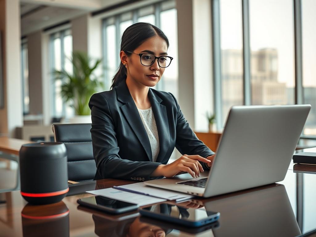 **Prompt for AI Image Generator:**

Create a hyper-realistic high-resolution image featuring a close-up shot of a confident business executive (the singular subject) seated at a modern office desk. The executive, a middle-aged South Asian woman dressed in a sleek business suit, is intently working on a laptop, with an expression that conveys focus and determination. Surrounding her are high-tech gadgets such as a smart assistant device and a data tablet displaying various analytics. 

The background should 