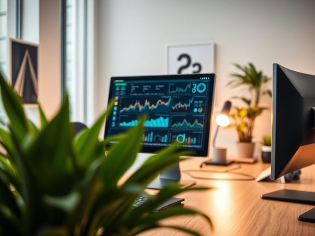 A close up shot of a modern office workspace featuring