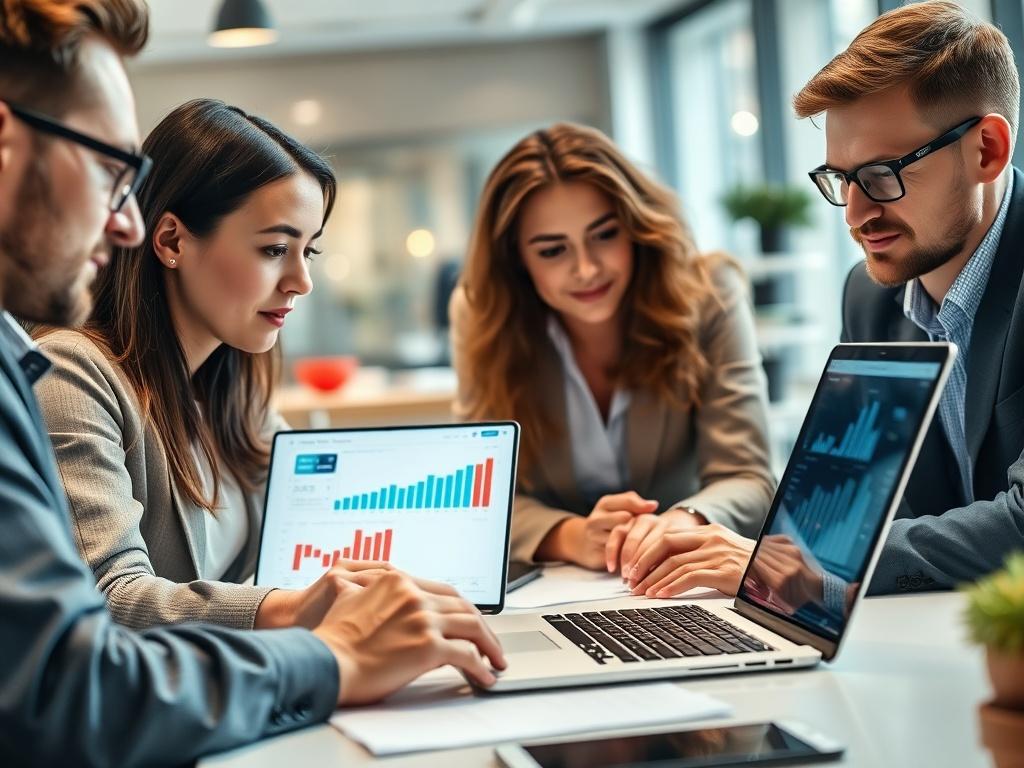 A close up shot of a team of professionals analyzing