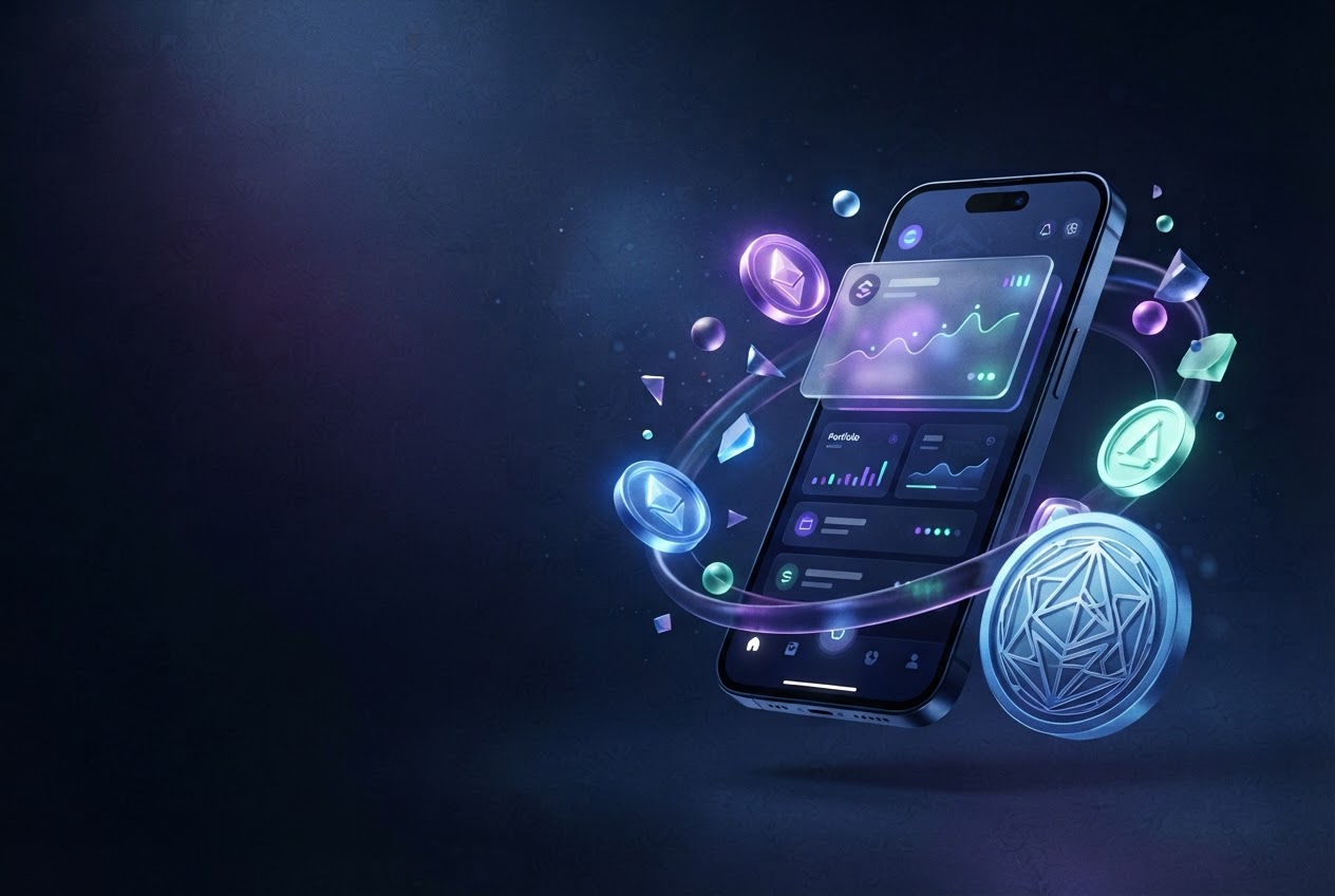 A dark smartphone displaying an abstract crypto wallet surrounded by glowing digital asset motifs