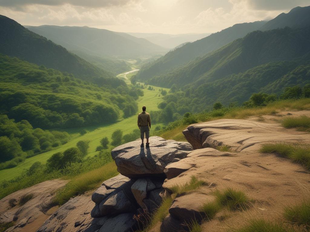 A serene landscape featuring a single figure standing on a