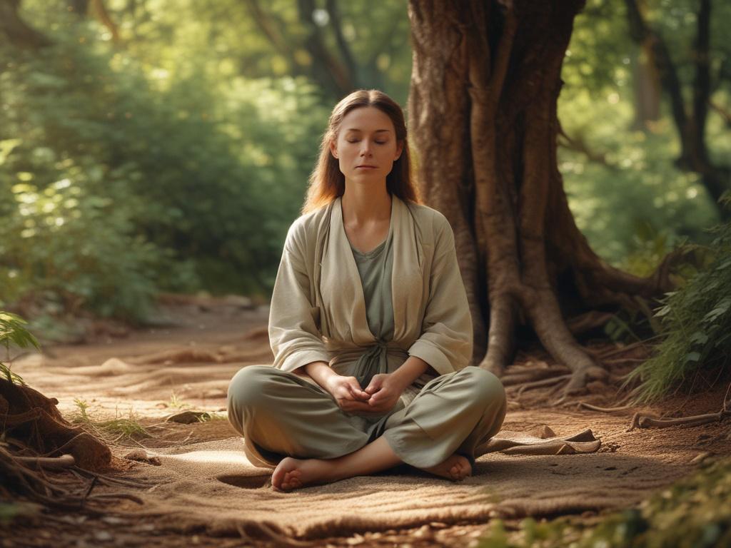 A tranquil meditation scene with a person sitting cross legged