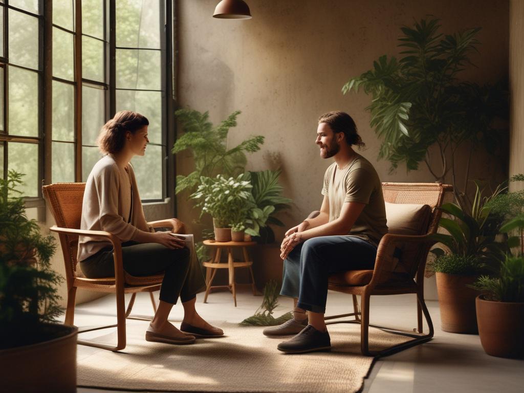 A serene coaching session in a cozy, natural setting