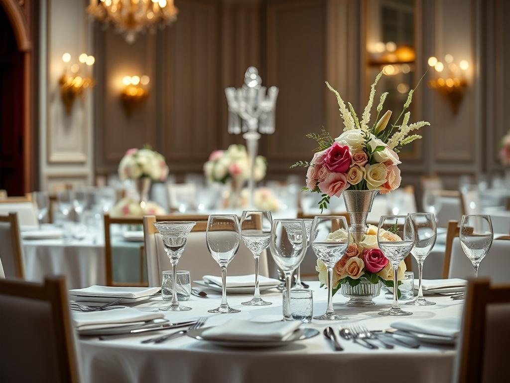 A close-up shot of an elegant banquet table set for a formal event, featuring fine china, sparkling crystal glassware, and beautifully arranged floral centerpieces. The background should be softly blurred to emphasize the table setting, capturing the essence of sophistication in a prestigious venue.