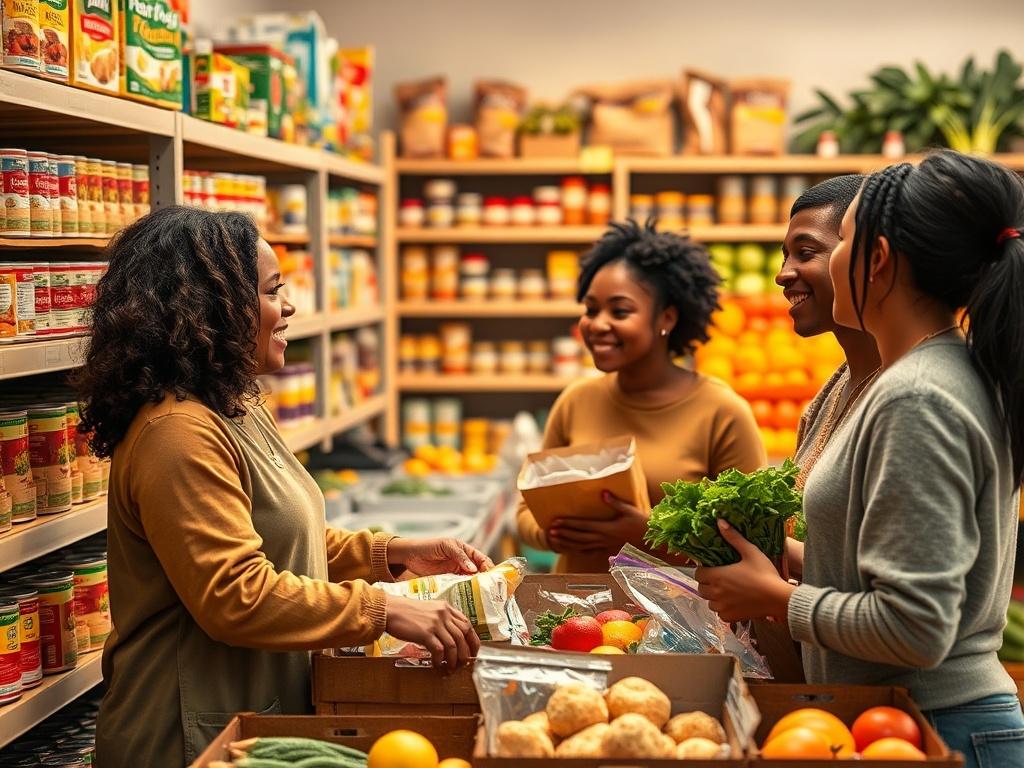 A warm and inviting food pantry scene with shelves filled