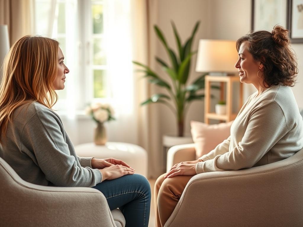 A serene counseling session in a cozy, well lit room
