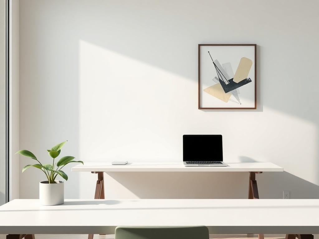 A minimalist office space featuring a sleek desk with a