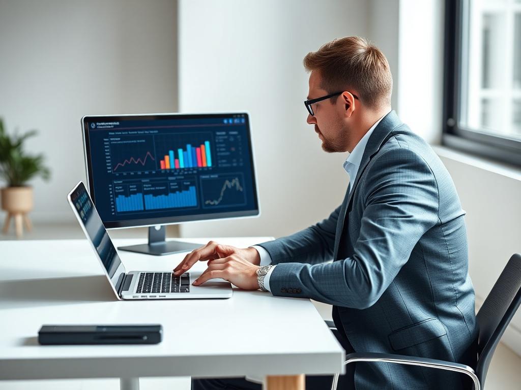 A professional consultant sitting at a minimalist desk with a