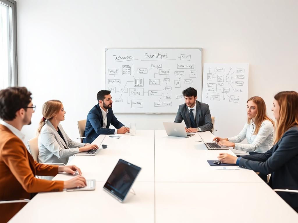 A business meeting in progress with diverse professionals discussing technology