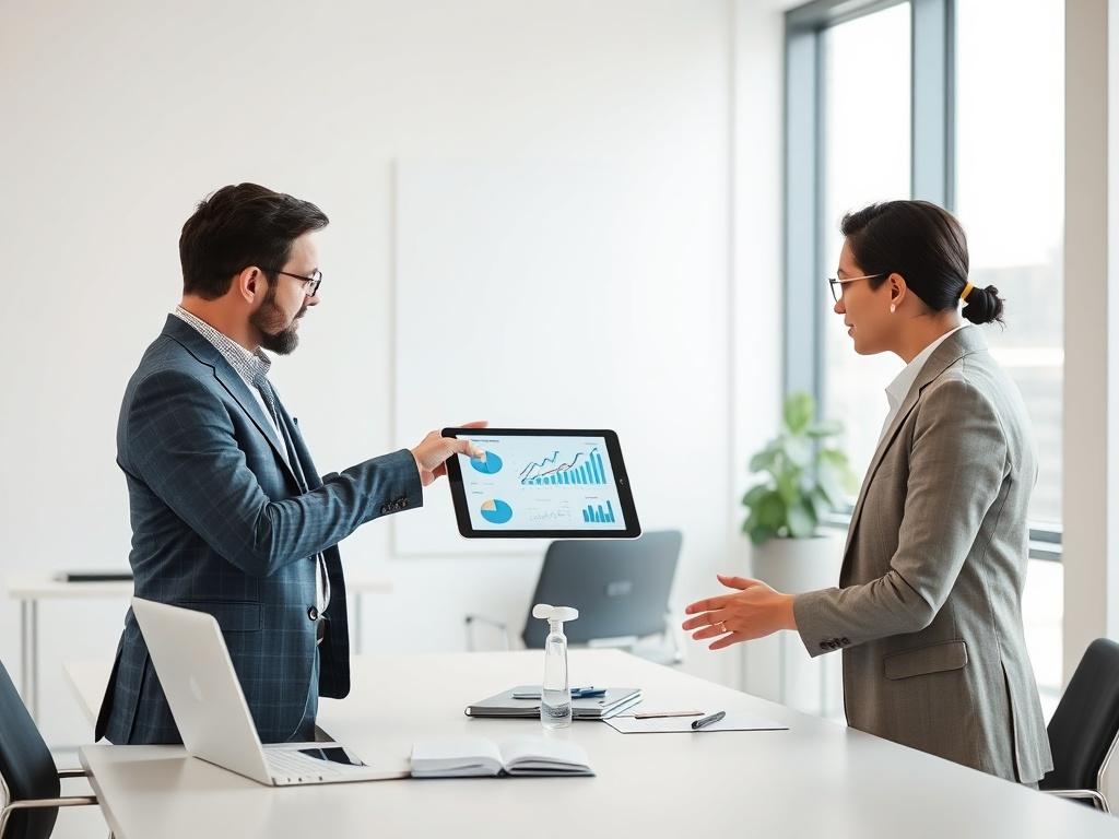 A professional consultant in a modern office setting, engaged in