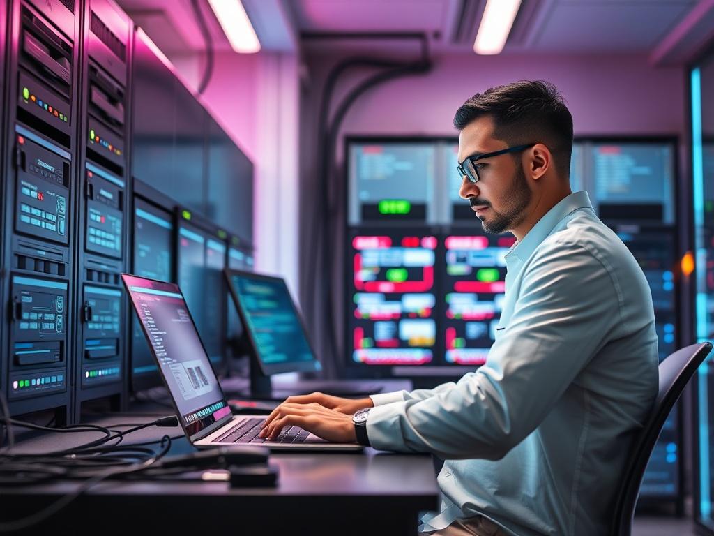 An IT specialist working on a laptop, connected to multiple